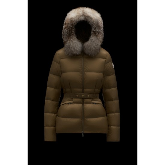 2022 MONCLER Boed Fur Collar Short Down Jacket Womens Waist Down Puffer Coat Winter Outerwear Natural Camel Beige