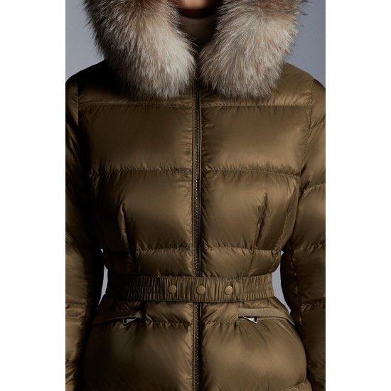 2022 MONCLER Boed Fur Collar Short Down Jacket Womens Waist Down Puffer Coat Winter Outerwear Natural Camel Beige