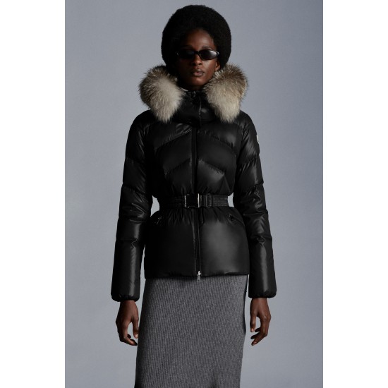 2022 MONCLER Laitue Fur Collar Short Down Jacket Womens Waist Down Puffer Coat Winter Outerwear Black