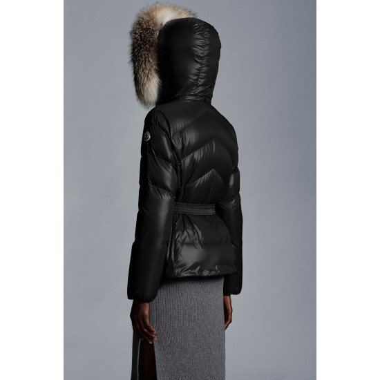 2022 MONCLER Laitue Fur Collar Short Down Jacket Womens Waist Down Puffer Coat Winter Outerwear Black