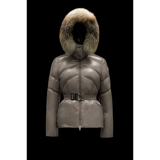 2022 MONCLER Laitue Fur Collar Short Down Jacket Womens Waist Down Puffer Coat Winter Outerwear Dark Gray