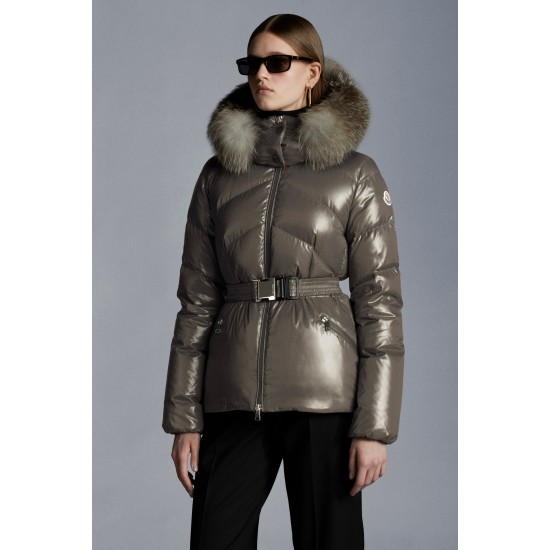 2022 MONCLER Laitue Fur Collar Short Down Jacket Womens Waist Down Puffer Coat Winter Outerwear Dark Gray