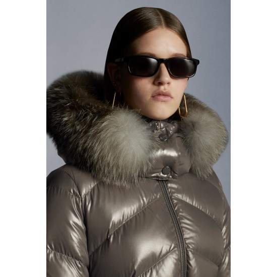 2022 MONCLER Laitue Fur Collar Short Down Jacket Womens Waist Down Puffer Coat Winter Outerwear Dark Gray