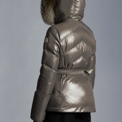 2022 MONCLER Laitue Fur Collar Short Down Jacket Womens Waist Down Puffer Coat Winter Outerwear Dark Gray