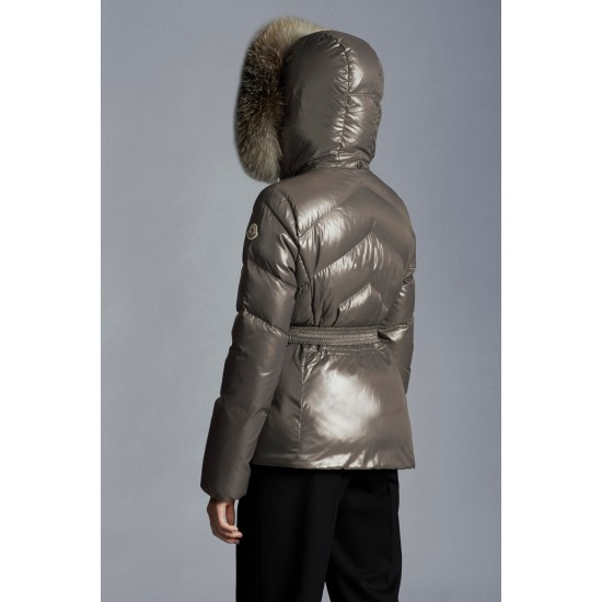 2022 MONCLER Laitue Fur Collar Short Down Jacket Womens Waist Down Puffer Coat Winter Outerwear Dark Gray