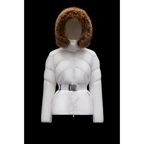 2022 MONCLER Laitue Fur Collar Short Down Jacket Womens Waist Down Puffer Coat Winter Outerwear Off White