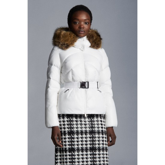 2022 MONCLER Laitue Fur Collar Short Down Jacket Womens Waist Down Puffer Coat Winter Outerwear Off White