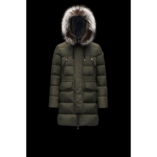 2022 Moncler Aphroti Parka Fur Hooded Collar Long Down Jacket Women Down Puffer Coat Winter Outerwear Army Green