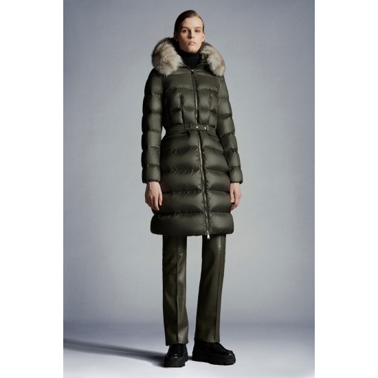 2022 Moncler Boedic Parka Fur Collar Long Down Jacket Women Down Puffer Coat Winter Outerwear Army Green