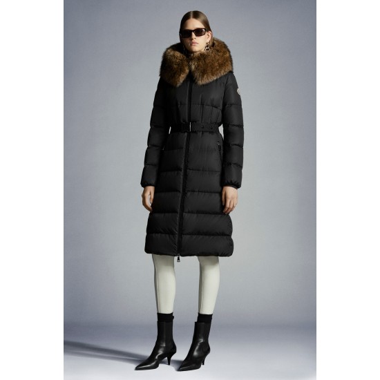 2022 Moncler Boucage Parka Long Down Jacket Women Fur Hooded Collar Down Puffer Coat Winter Outerwear Black