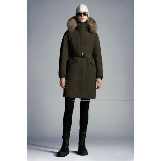 2022 Moncler Cameline Parka Fur Hooded Collar Long Down Jacket Women Down Puffer Coat Winter Outerwear Army Green