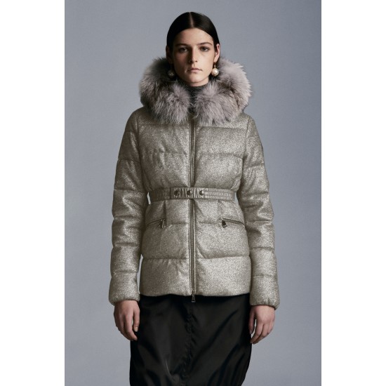 2022 Moncler Cardamine Fur Collar Short Down Jacket Women Down Puffer Coat Winter Outerwear Metallic Gold