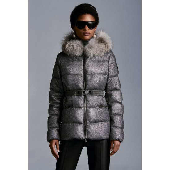 2022 Moncler Cardamine Fur Collar Short Down Jacket Women Down Puffer Coat Winter Outerwear Silver