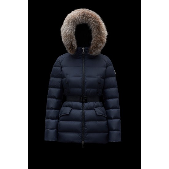 2022 Moncler Clion Parka Short Down Jacket Women Waist Fur Hooded Collar Down Puffer Coat Winter Outerwear Night Blue