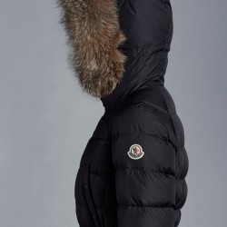 2022 Moncler Clion Parka Short Down Jacket Women Waist Fur Hooded Collar Down Puffer Coat Winter Outerwear Night Blue