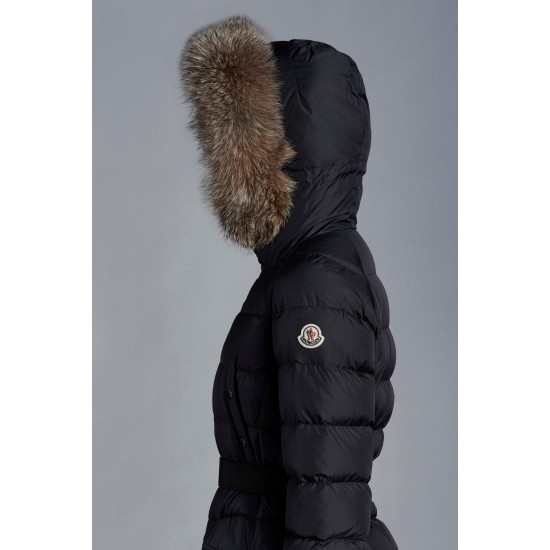 2022 Moncler Clion Parka Short Down Jacket Women Waist Fur Hooded Collar Down Puffer Coat Winter Outerwear Night Blue