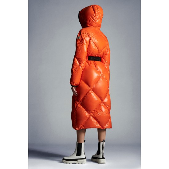 2022 Moncler Cotonniere Parka Long Down Jacket Women Waist Down Puffer Coat Winter Outerwear Bright Orange