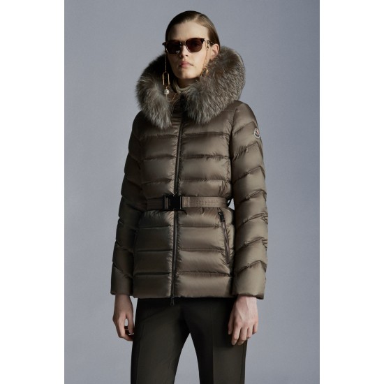 2022 Moncler Cupidone Fur Collar Short Down Jacket Women Waist Down Puffer Coat Winter Outerwear Taupe