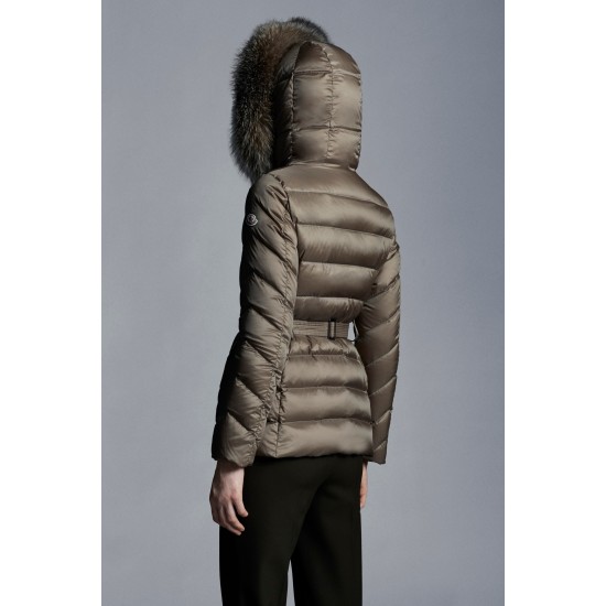 2022 Moncler Cupidone Fur Collar Short Down Jacket Women Waist Down Puffer Coat Winter Outerwear Taupe