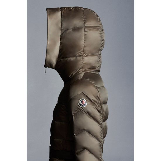 2022 Moncler Cupidone Fur Collar Short Down Jacket Women Waist Down Puffer Coat Winter Outerwear Taupe