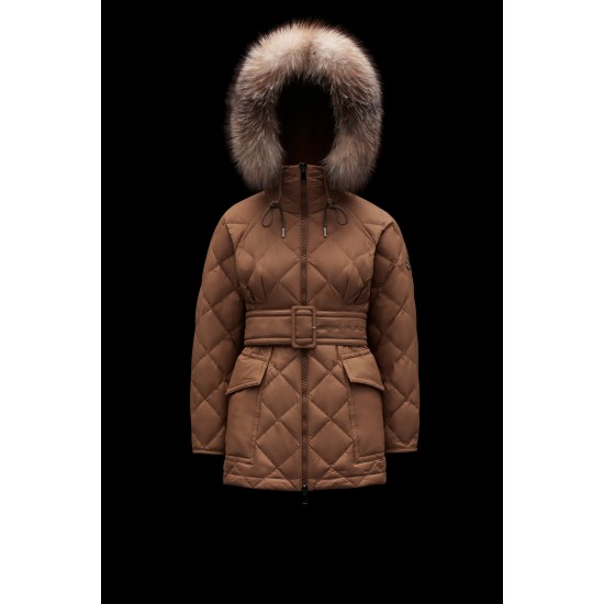 2022 Moncler Ficodie Fur Collar Short Down Jacket Women Waist Down Puffer Coat Winter Outerwear Brown