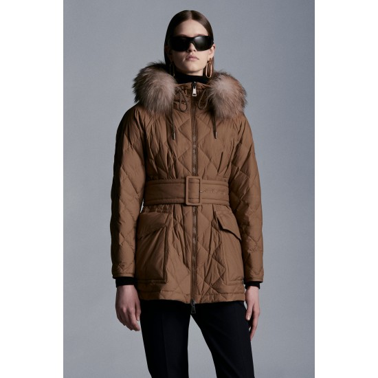 2022 Moncler Ficodie Fur Collar Short Down Jacket Women Waist Down Puffer Coat Winter Outerwear Brown