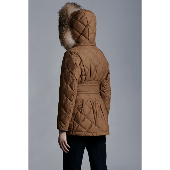 2022 Moncler Ficodie Fur Collar Short Down Jacket Women Waist Down Puffer Coat Winter Outerwear Brown