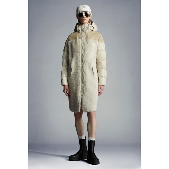 2022 Moncler Gaudine Parka Hooded Long Down Jacket Women Down Puffer Coat Winter Outerwear Oatmeal Beige