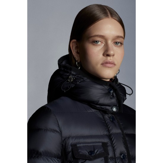 2022 Moncler Hermine Parka Hooded Long Down Jacket Women Down Puffer Coat Winter Outerwear Night Blue