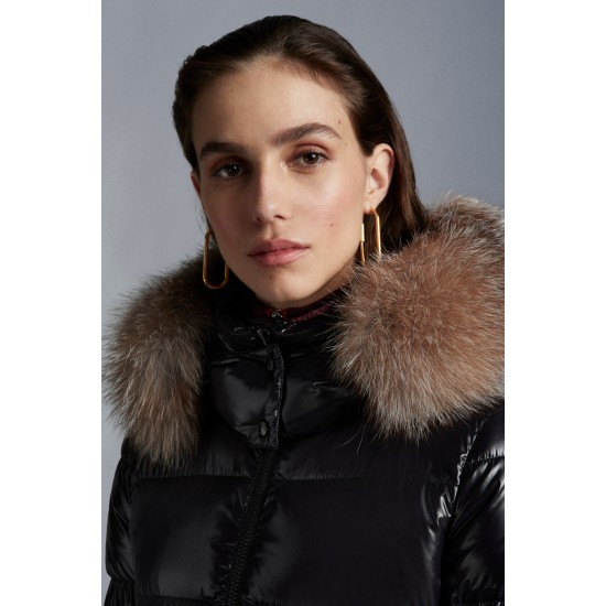 2022 Moncler Hudson Parka Fur Collar Hooded Long Down Jacket Women Down Puffer Coat Winter Outerwear Black