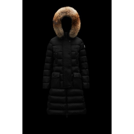 2022 Moncler Khloe Parka Fur Hooded Collar Long Down Jacket Women Down Puffer Coat Winter Outerwear Black