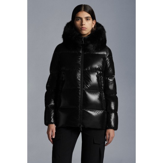 2022 Moncler Laiche Parka Short Down Jacket Women Fur Hooded Collar Down Puffer Coat Winter Outerwear Black