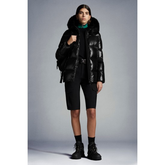 2022 Moncler Laiche Parka Short Down Jacket Women Fur Hooded Collar Down Puffer Coat Winter Outerwear Black