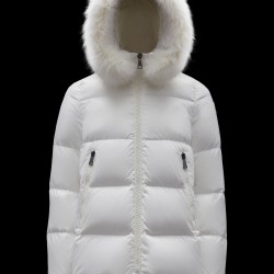 2022 Moncler Laiche Parka Short Down Jacket Women Fur Hooded Collar Down Puffer Coat Winter Outerwear Off White