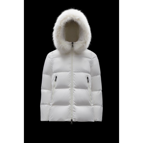 2022 Moncler Laiche Parka Short Down Jacket Women Fur Hooded Collar Down Puffer Coat Winter Outerwear Off White