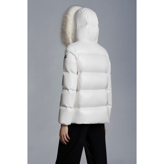 2022 Moncler Laiche Parka Short Down Jacket Women Fur Hooded Collar Down Puffer Coat Winter Outerwear Off White