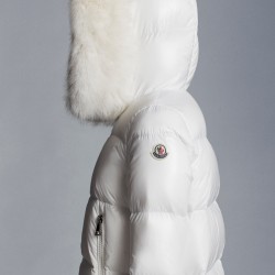 2022 Moncler Laiche Parka Short Down Jacket Women Fur Hooded Collar Down Puffer Coat Winter Outerwear Off White