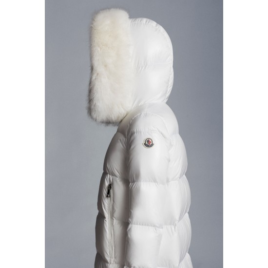 2022 Moncler Laiche Parka Short Down Jacket Women Fur Hooded Collar Down Puffer Coat Winter Outerwear Off White