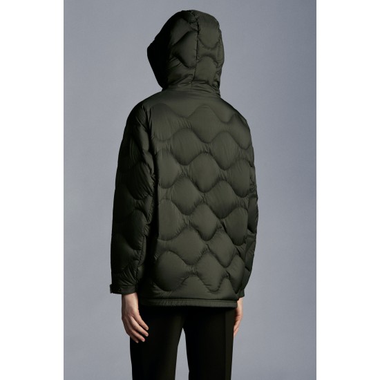 2022 Moncler Lepturus Parka Short Down Jacket Women Fur Hooded Collar Down Puffer Coat Winter Outerwear Army Green