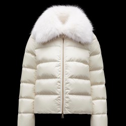 2022 Moncler Meaban Fur Collar Short Down Jacket Women Down Puffer Coat Winter Outerwear White