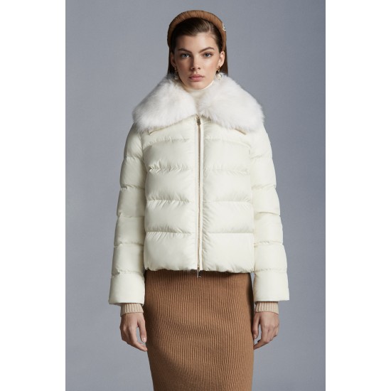 2022 Moncler Meaban Fur Collar Short Down Jacket Women Down Puffer Coat Winter Outerwear White