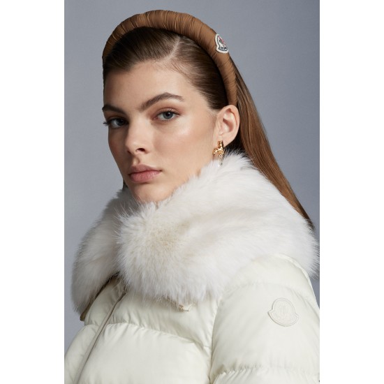 2022 Moncler Meaban Fur Collar Short Down Jacket Women Down Puffer Coat Winter Outerwear White