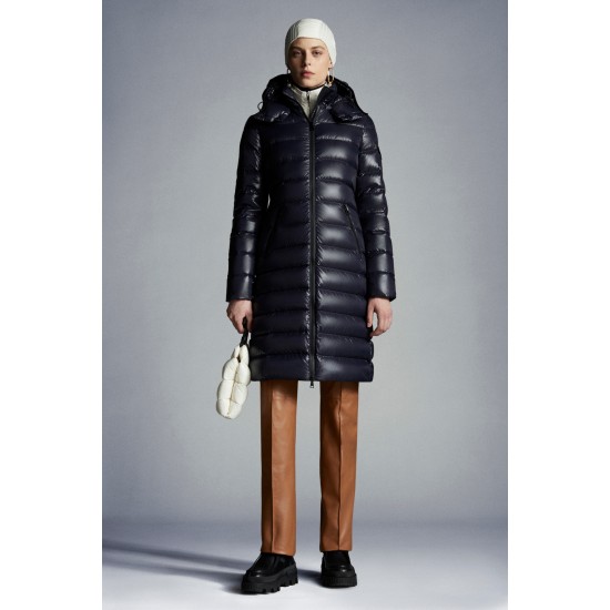 2022 Moncler Moka Hooded Long Down Jacket Women Down Puffer Coat Winter Outerwear Night Blue