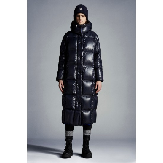 2022 Moncler Parnaiba Parka Long Down Jacket Women Hooded Down Puffer Coat Winter Outerwear Night Blue