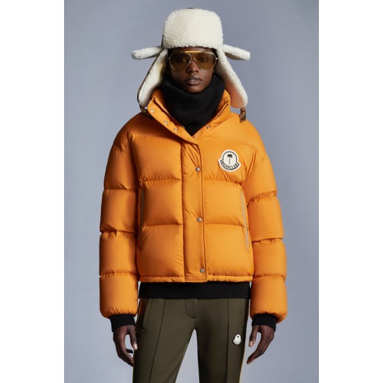 8 MONCLER PALM ANGELS Antora Short Down Jacket Womens Down Puffer Coat Winter Outerwear Orange