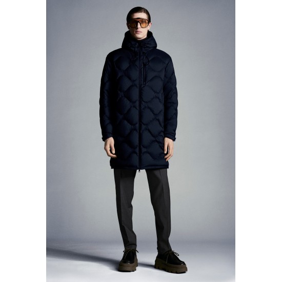 MONCLER Duvivier Long Down Jacket Mens Hooded Puffer Down Coat Winter Outerwear Night Blue