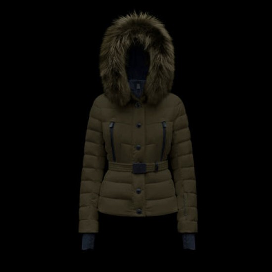 Moncler GRENOBLE Short Nylon Plain Logo Women Hooded Ski Down Jackets With Fur Collar Army Green