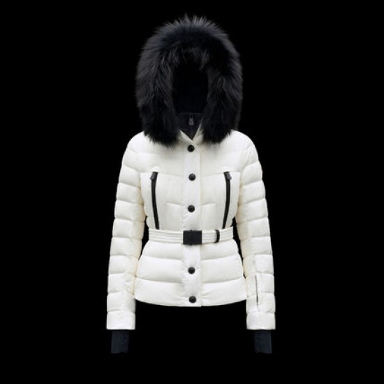 Moncler GRENOBLE Short Nylon Plain Logo Women Hooded Ski Down Jackets With Fur Collar White