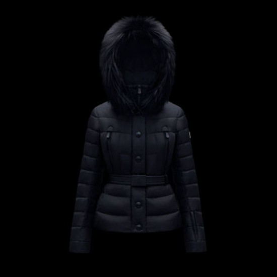 Moncler GRENOBLE Short Nylon Plain Logo Women Ski Hooded Down Jackets With Fur Collar Dark Blue