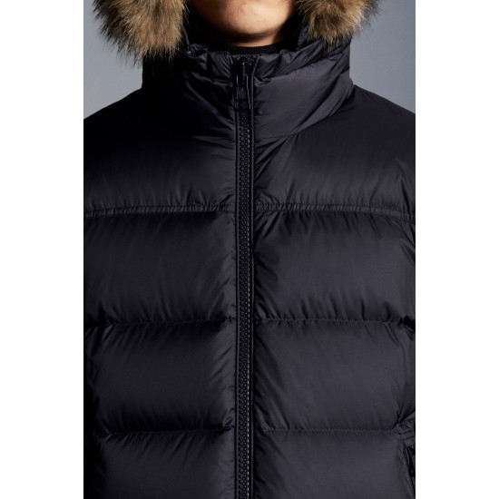 2022 Moncler Marque Short Down Jacket Mens Winter Fur Hooded Puffer Down Coat Outerwear Night Blue